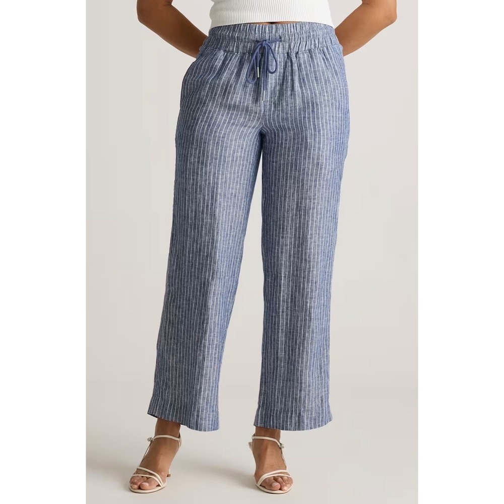 Quince 100% European Linen Wide Leg Pants Blue Chambray Stripe Small